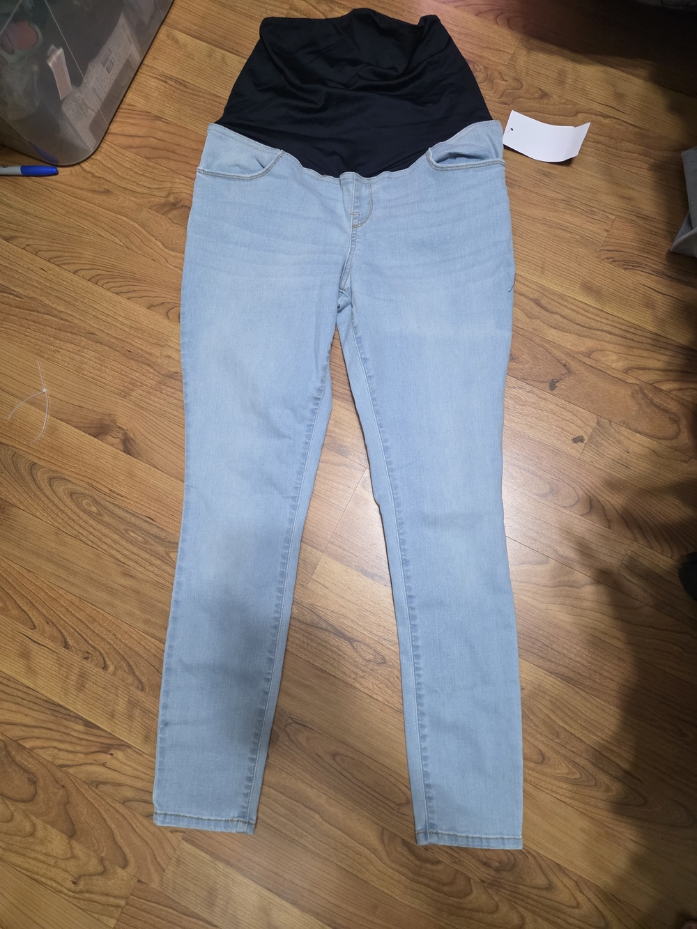 Light Blue Maternity Jeans with Black Stretch Waistband